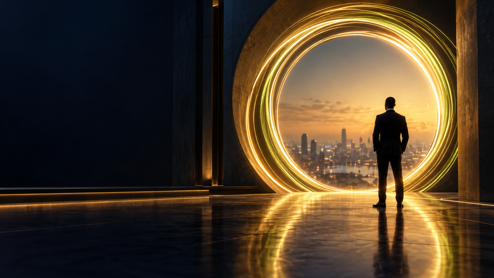 A Nigerian business leader looking through an illuminated circular gateway toward the future.