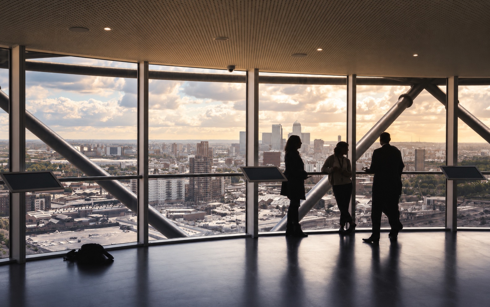 People silhouetted against a city view.