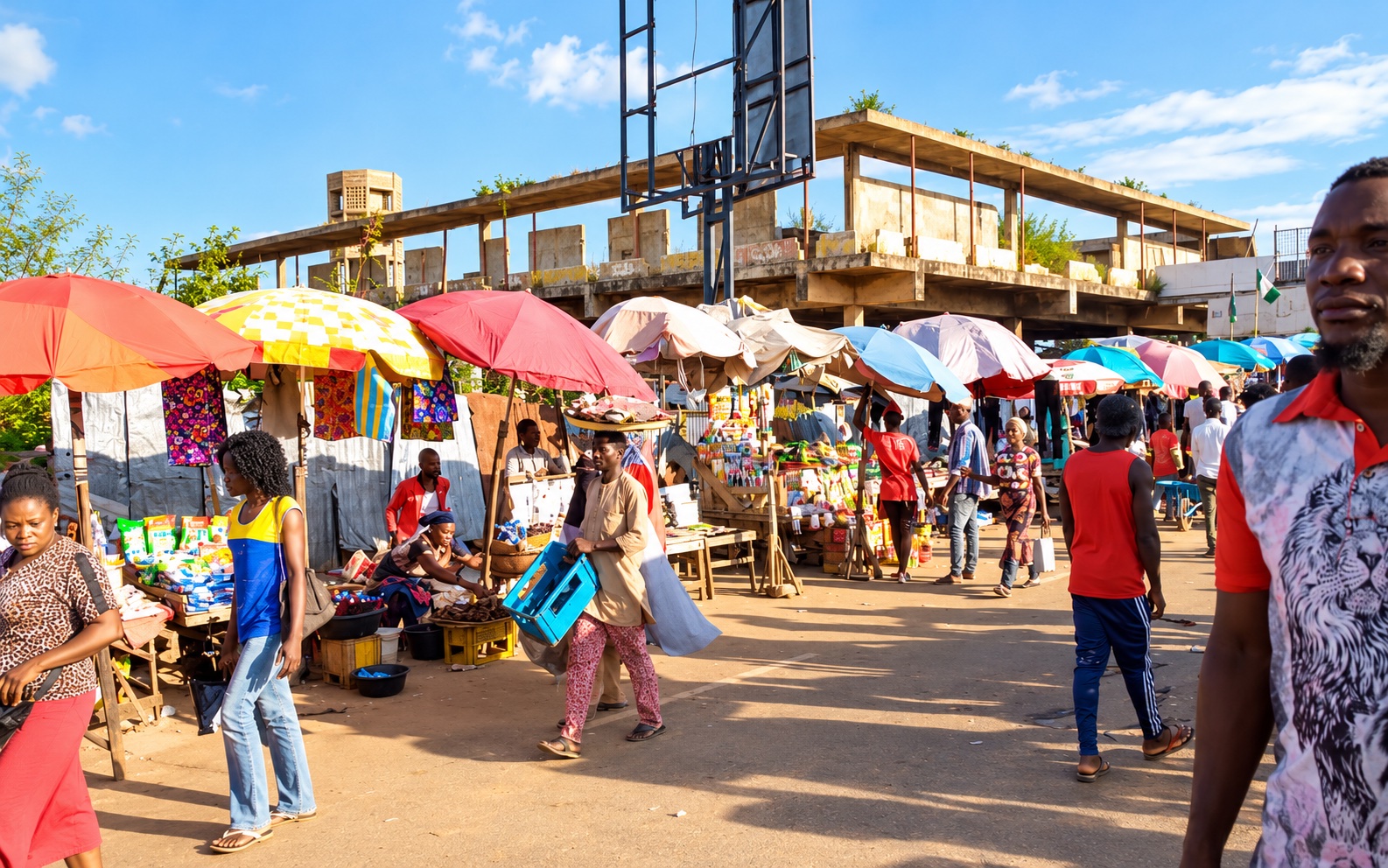 Illustrative AI-adapted photograph of market stalls and commercial activity.
