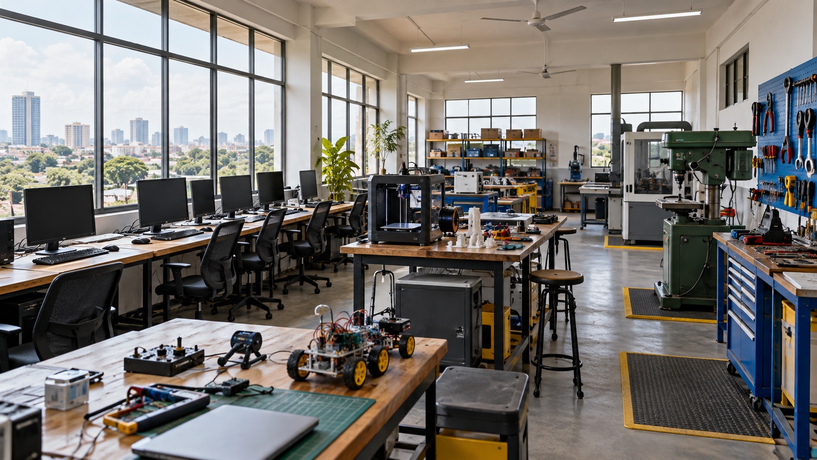 Illustrative modern vocational training facility with computers and fabrication tools.