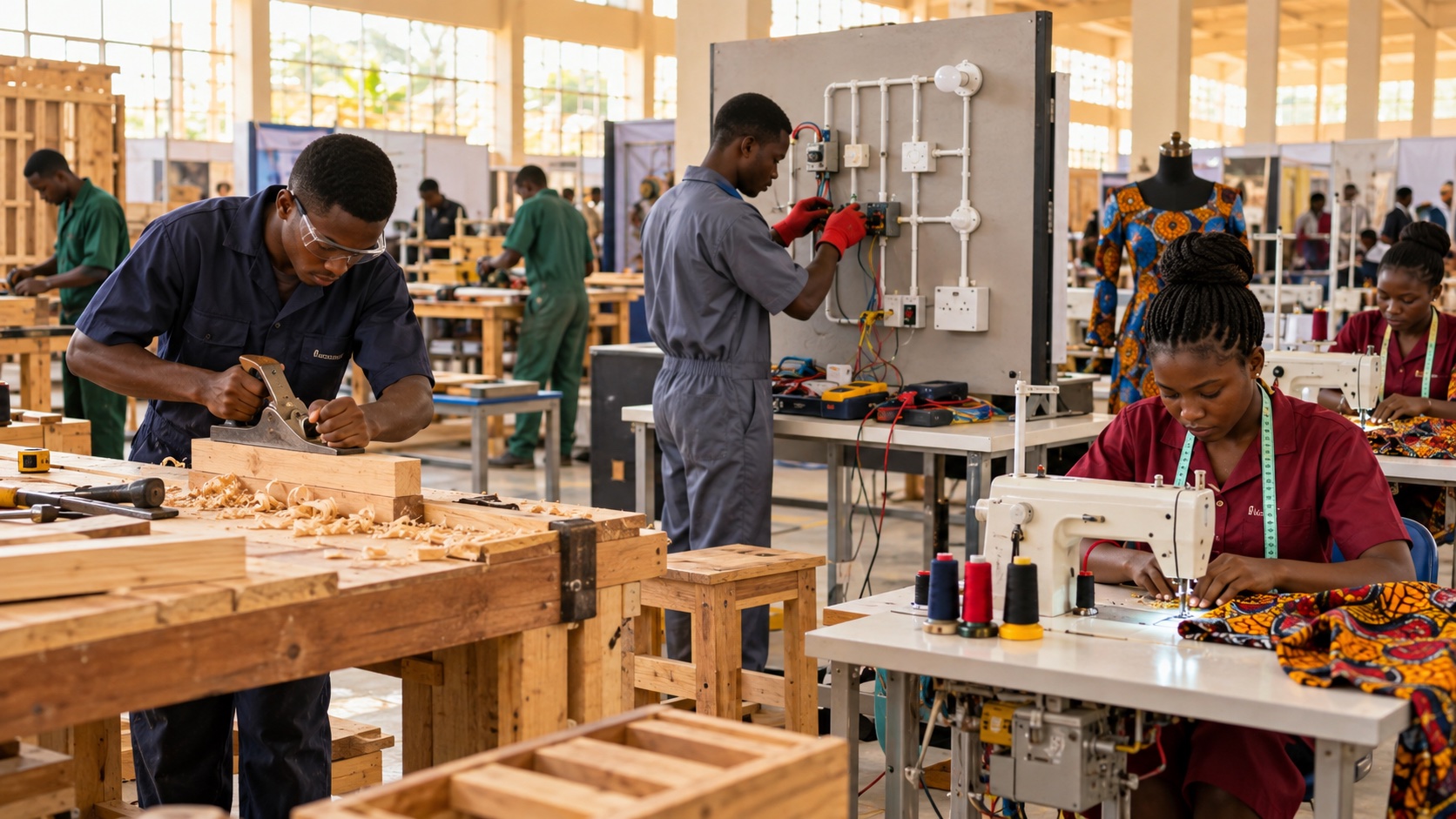 Illustrative vocational workshop with carpentry and electrical stations.