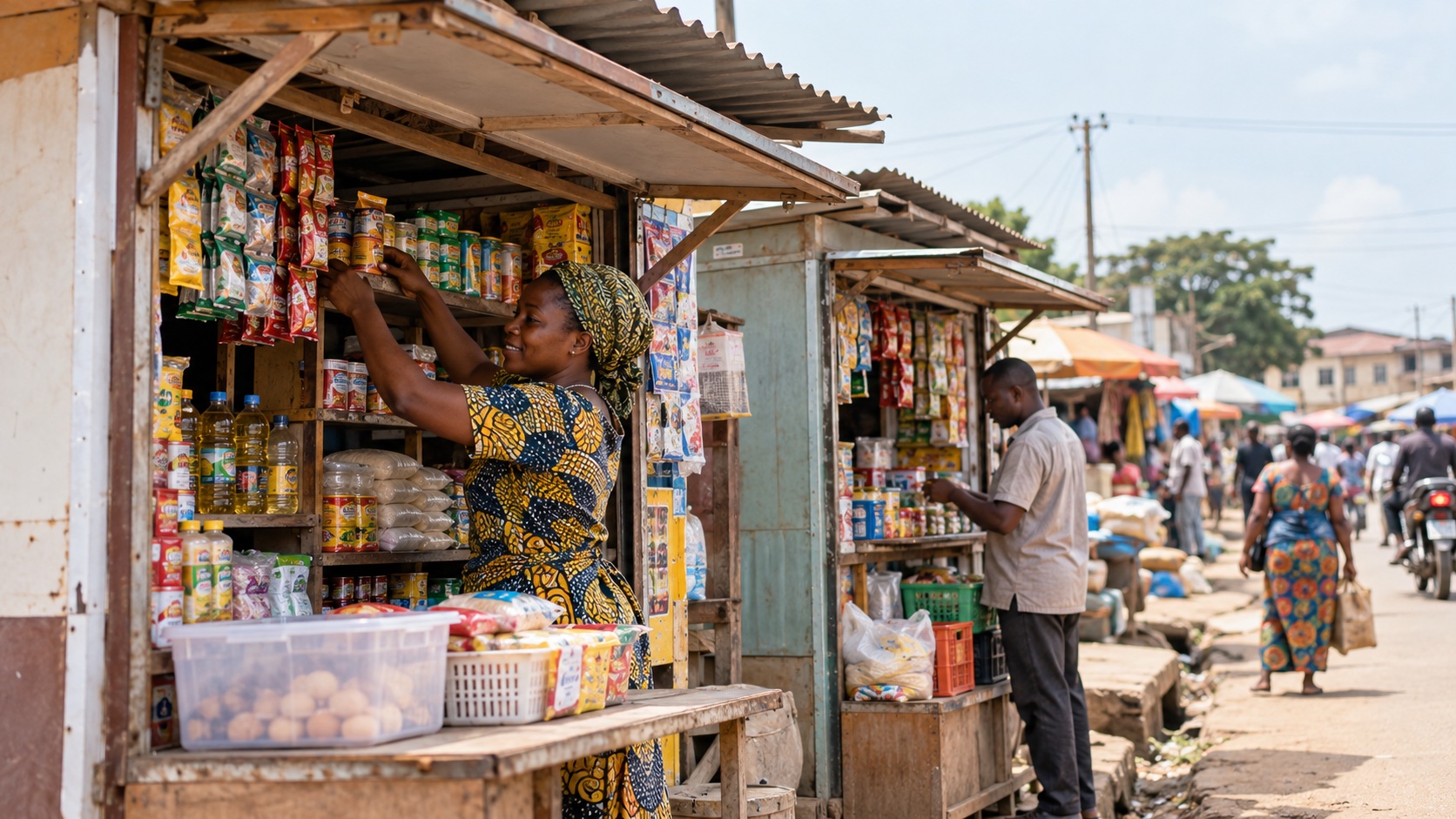 Illustrative small retail kiosks in a busy neighborhood market.