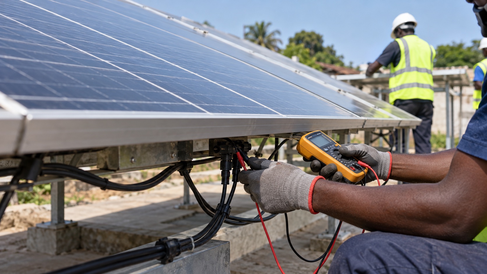 Illustrative close-up of electrical testing during a solar installation.