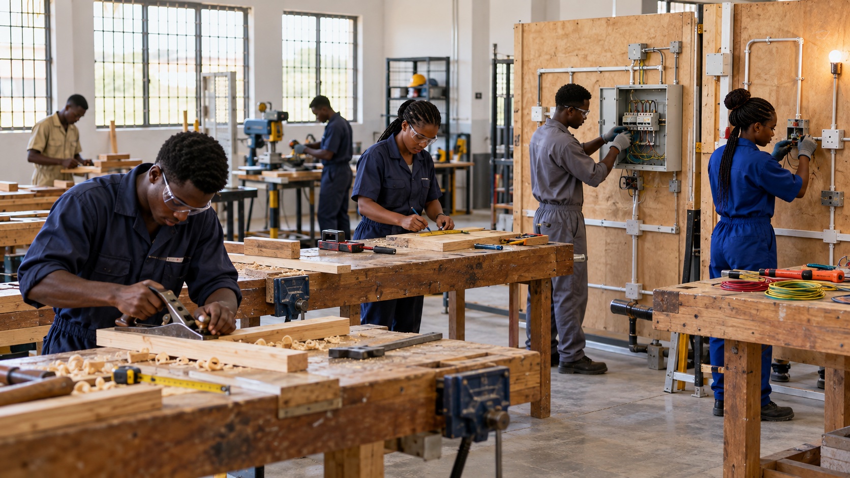 Illustrative learners working at carpentry and electrical skills stations.