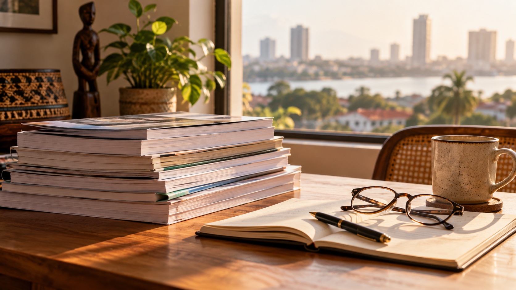 Illustrative research publications beside a notebook and reading glasses.