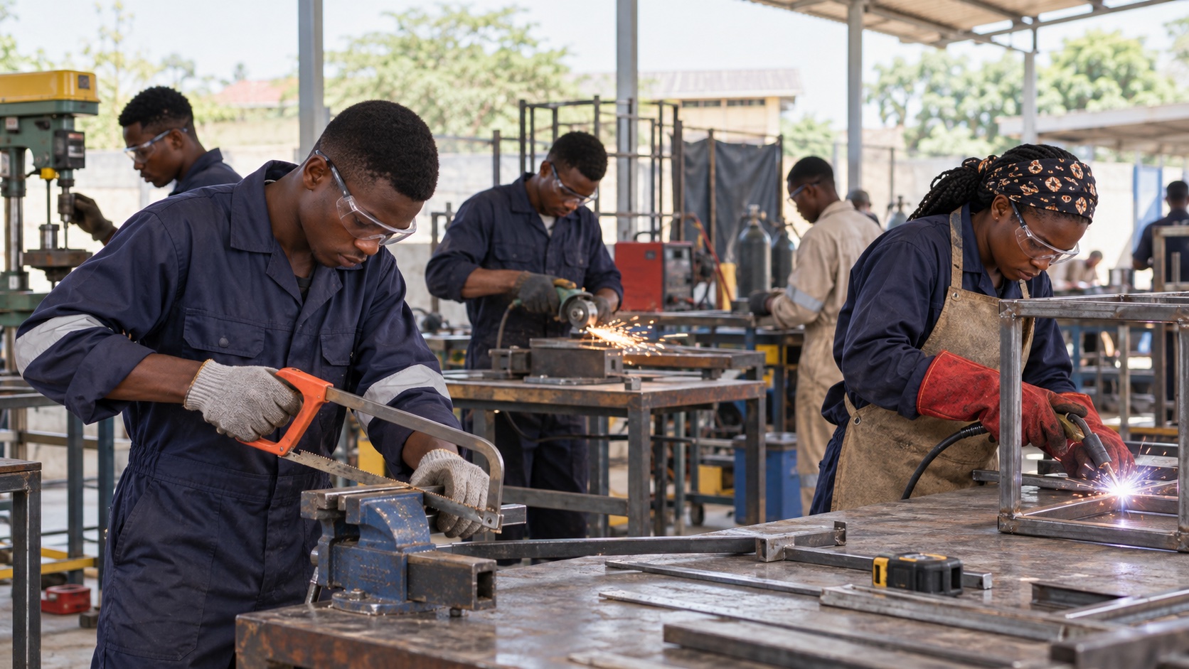 Illustrative metalworking skills practice in a vocational workshop.