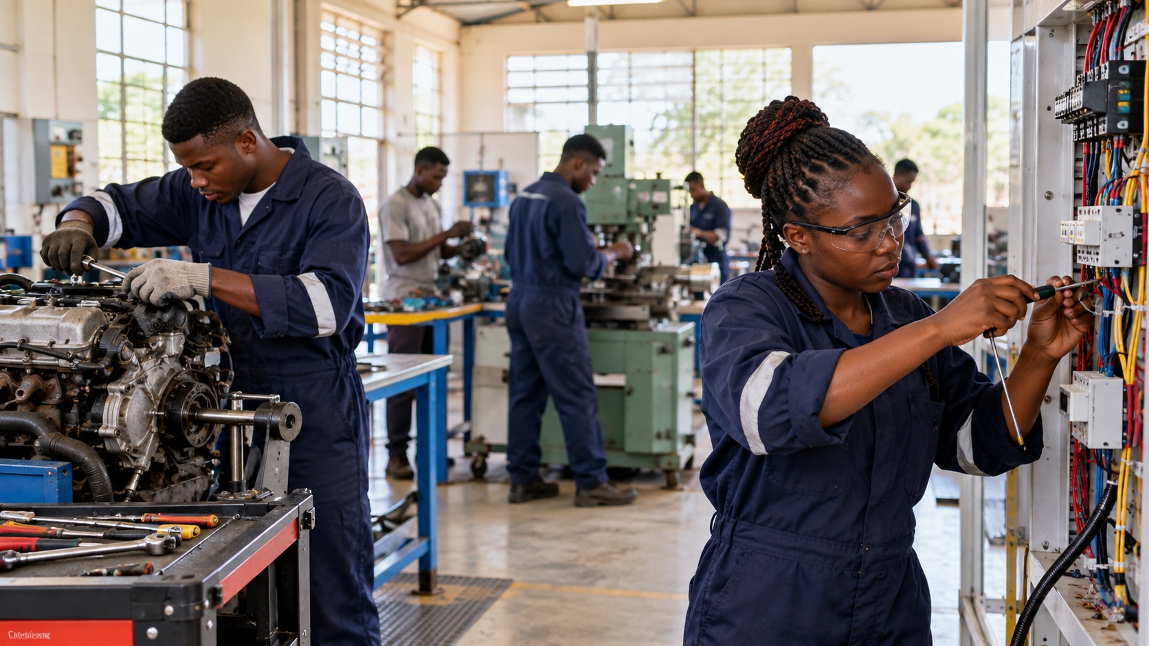 Illustrative technical learners at electrical and mechanical skill stations.