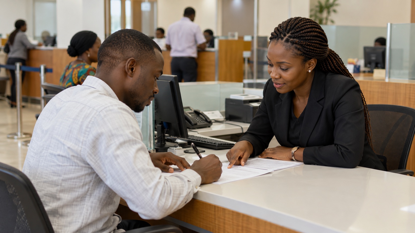 Illustrative customer-service discussion at an unbranded bank counter.