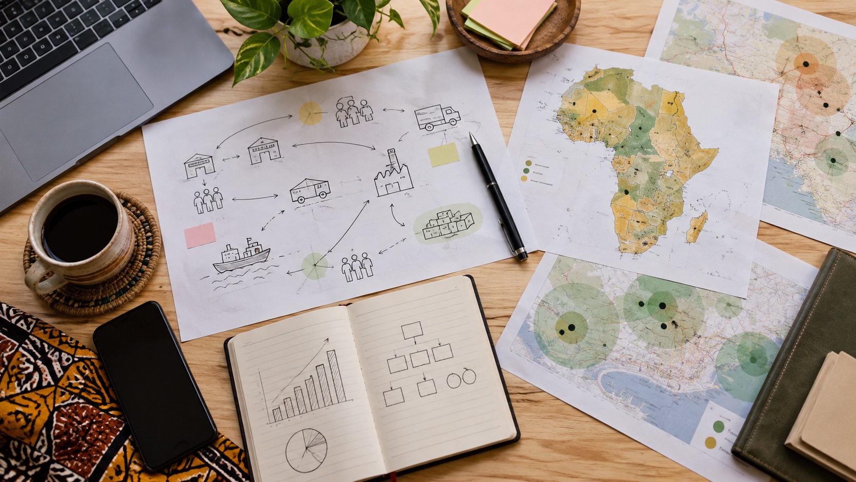 Illustrative planning workspace with maps, sketches and a notebook.