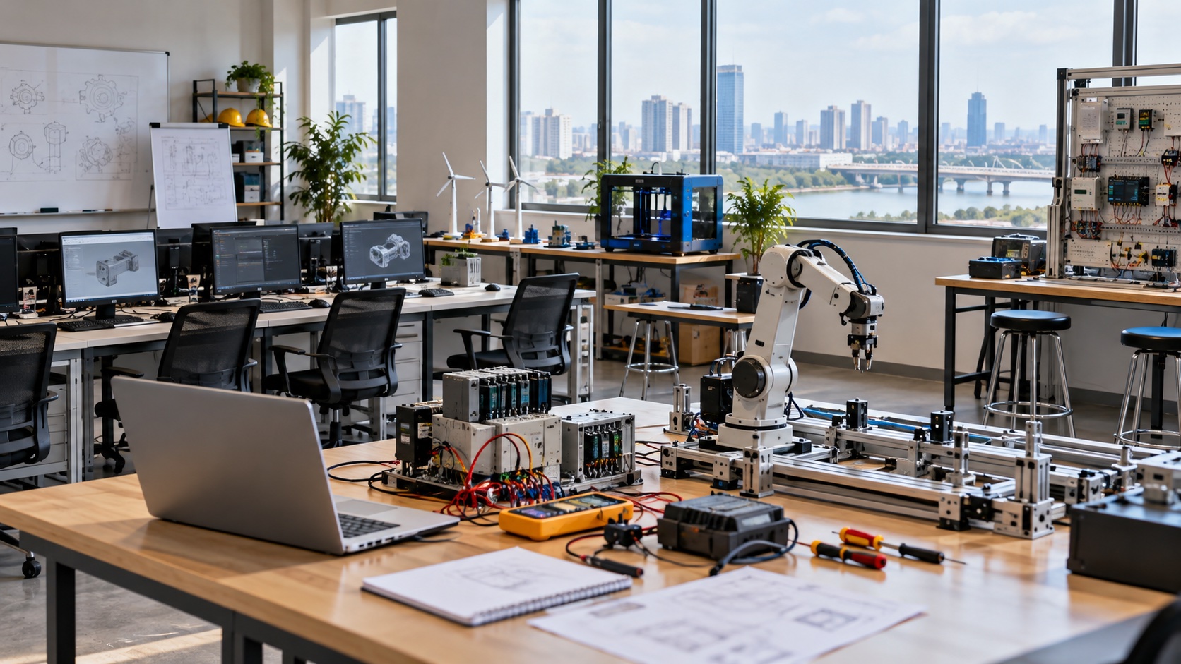 Illustrative workforce training laboratory with computers and practical equipment.
