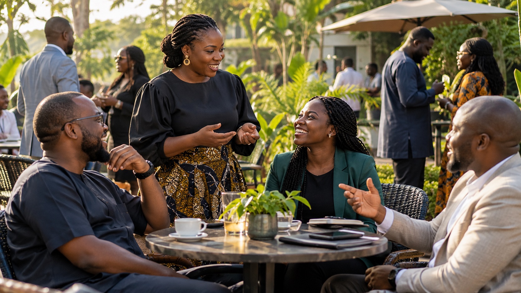 Illustrative alumni networking conversation in an outdoor café.