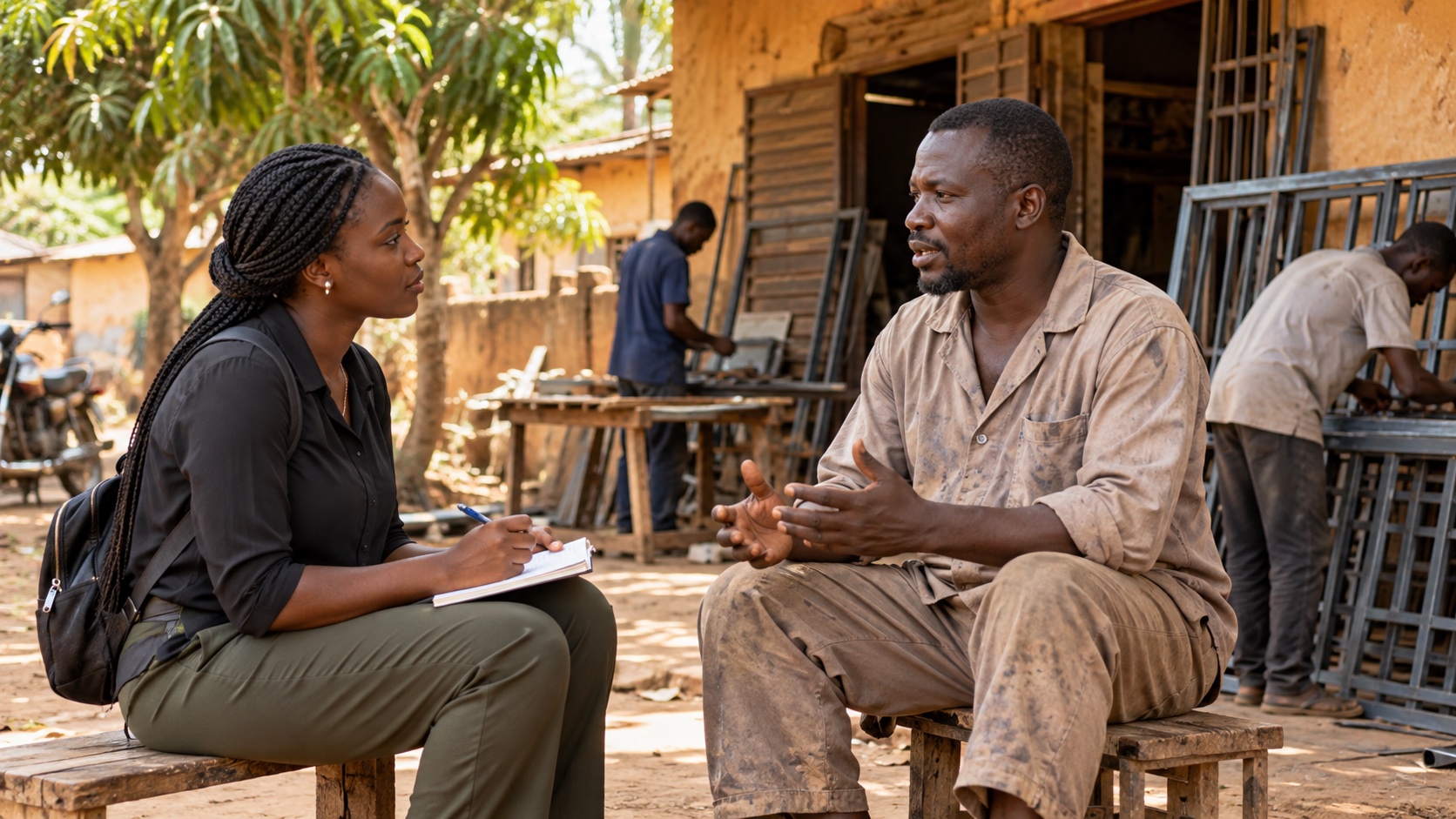 Illustrative field interview with an entrepreneur at a workshop.