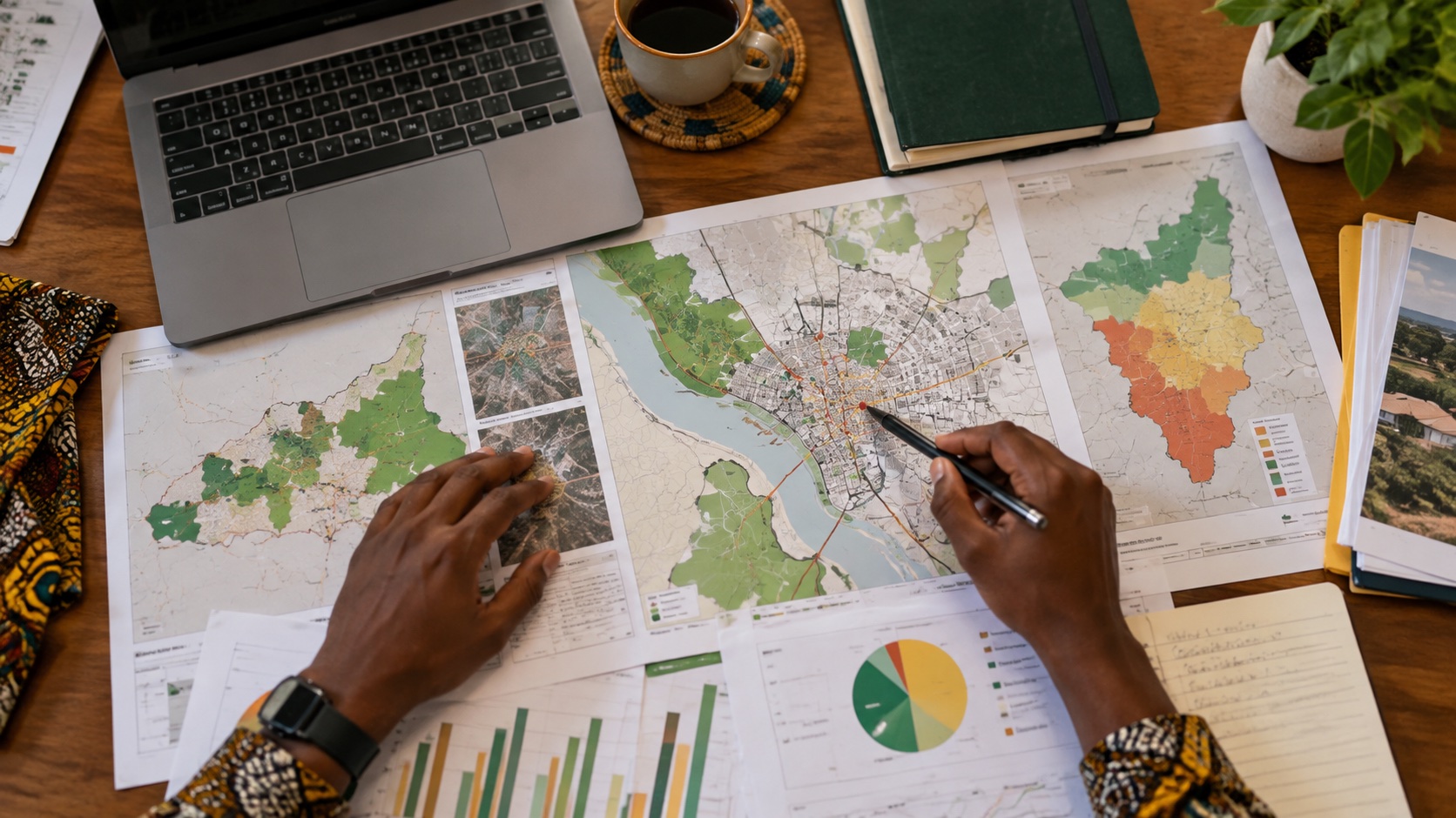 Illustrative close-up of planning maps and policy research charts.
