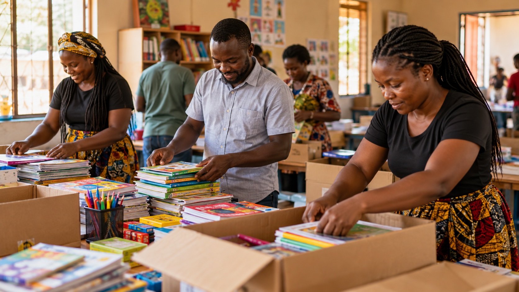 Illustrative social enterprise staff organizing educational supplies.