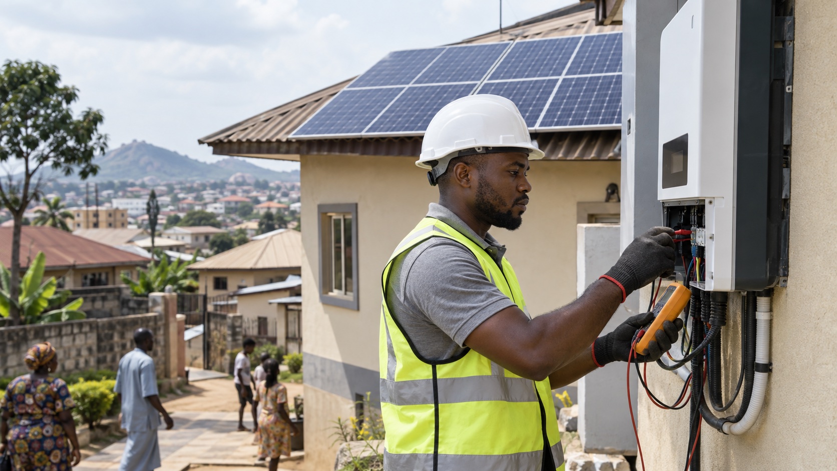 Illustrative solar technician testing an inverter beside a rooftop installation.