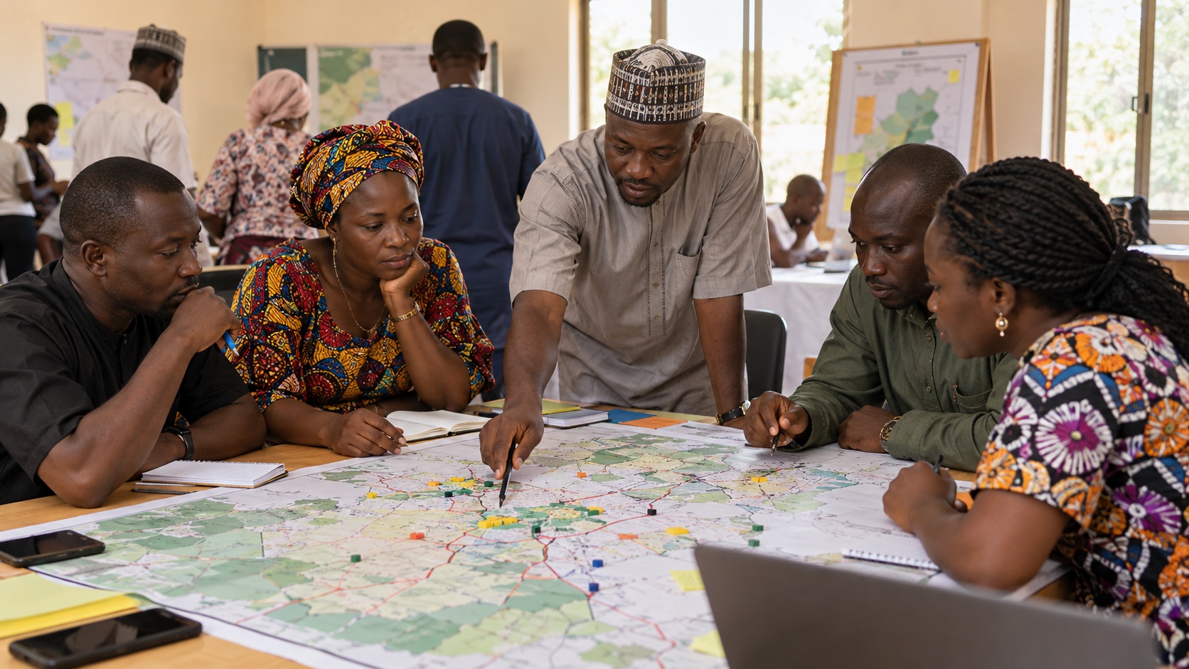 Illustrative economic planners and business owners studying a development map.