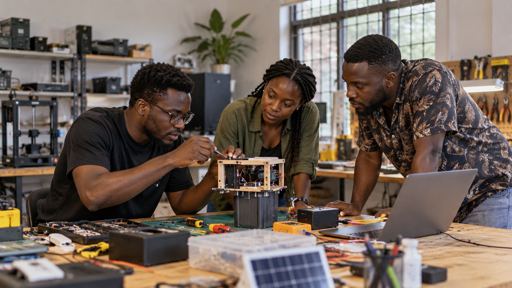 Illustrative founders developing a prototype in a maker workspace.