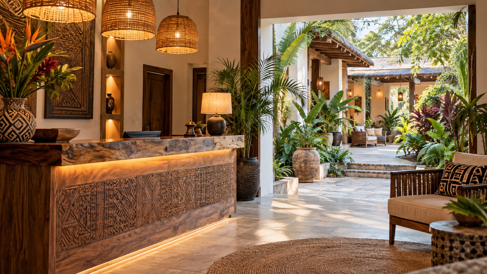 Illustrative boutique hotel reception opening onto a planted courtyard.