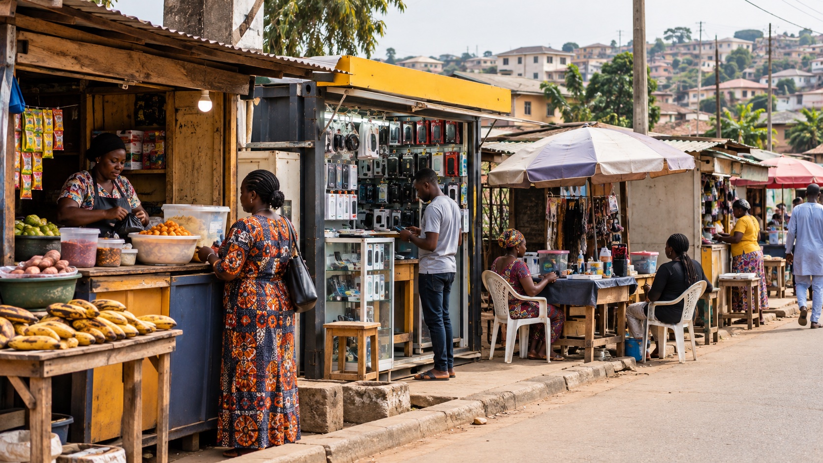 Illustrative neighborhood service kiosks and small enterprises on a street.
