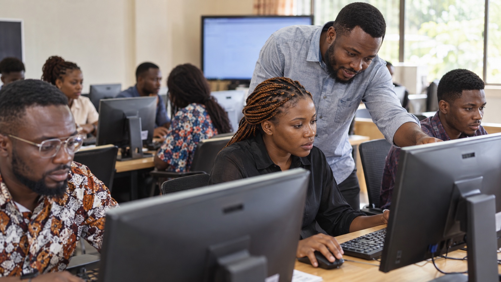 Illustrative adult learners working in a practical digital training lab.