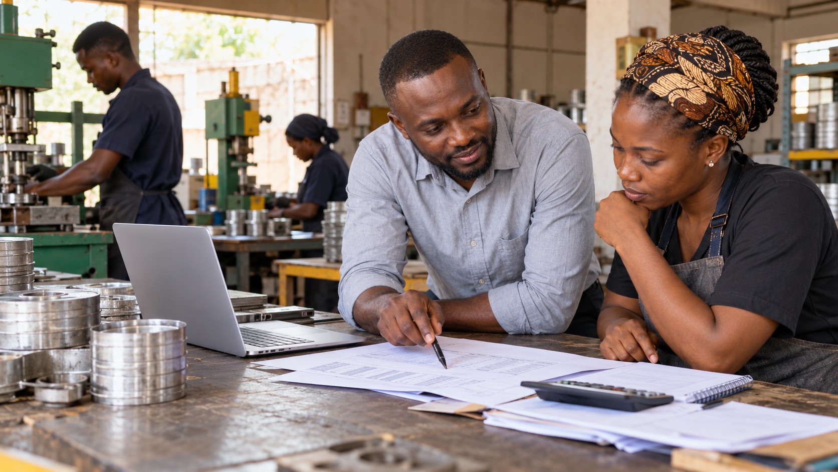 Illustrative business advisers reviewing a plan beside manufacturing equipment.