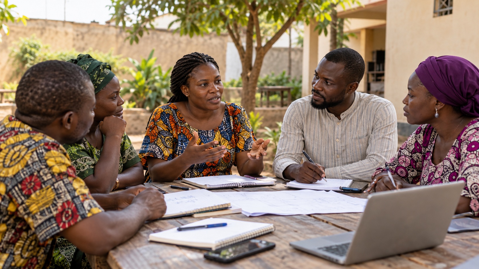 Illustrative community partnership discussion in a shaded courtyard.