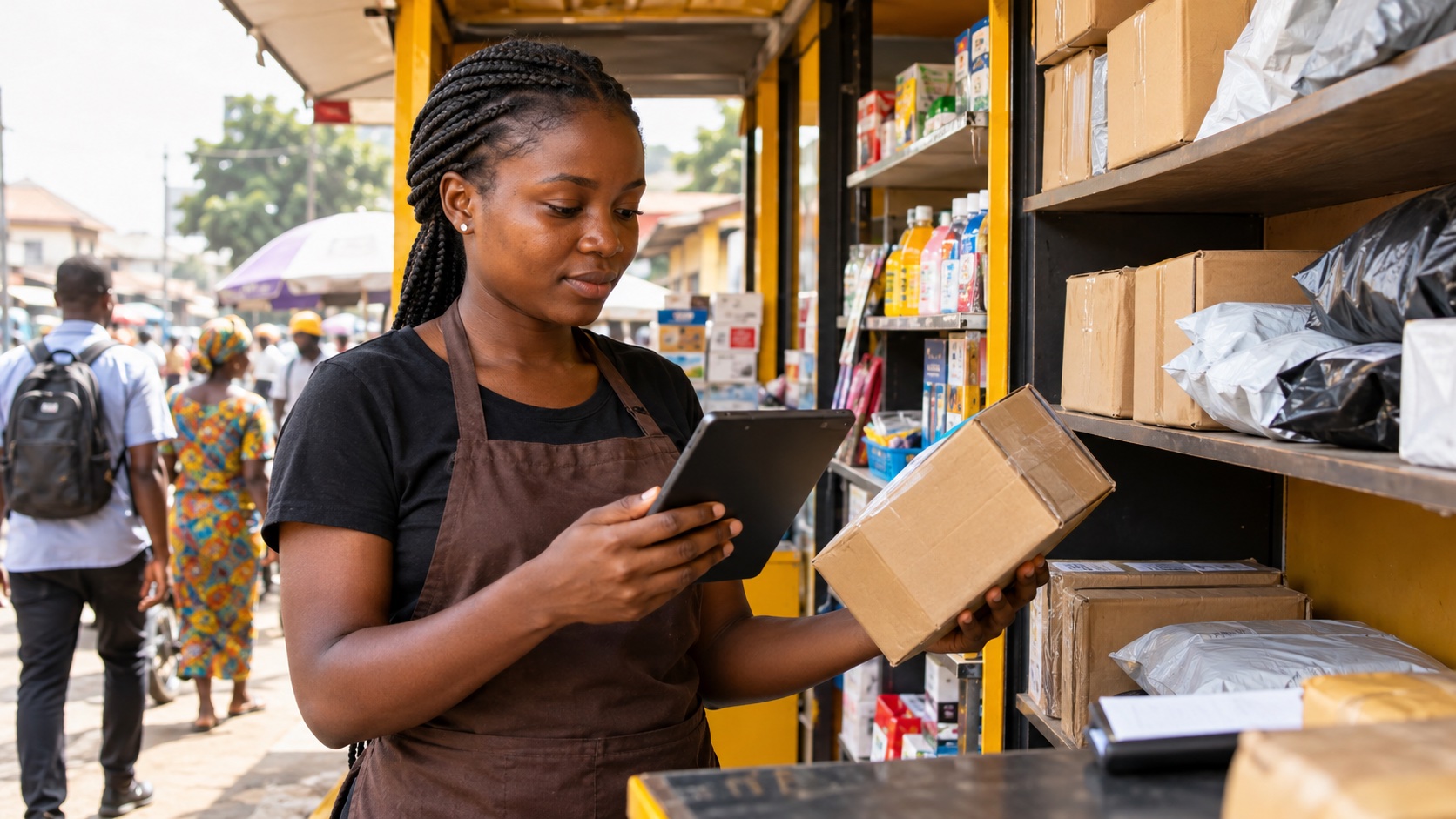 Illustrative small-business operator checking stock at a retail counter.