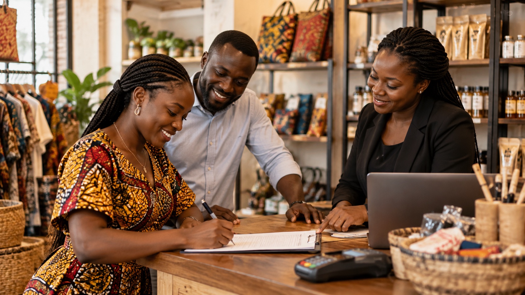 Illustrative adviser and entrepreneur reviewing paperwork in a retail workshop.