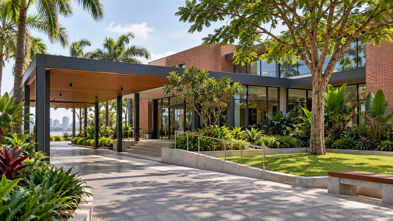 Illustrative modern workplace entrance with landscaped paths and natural daylight.