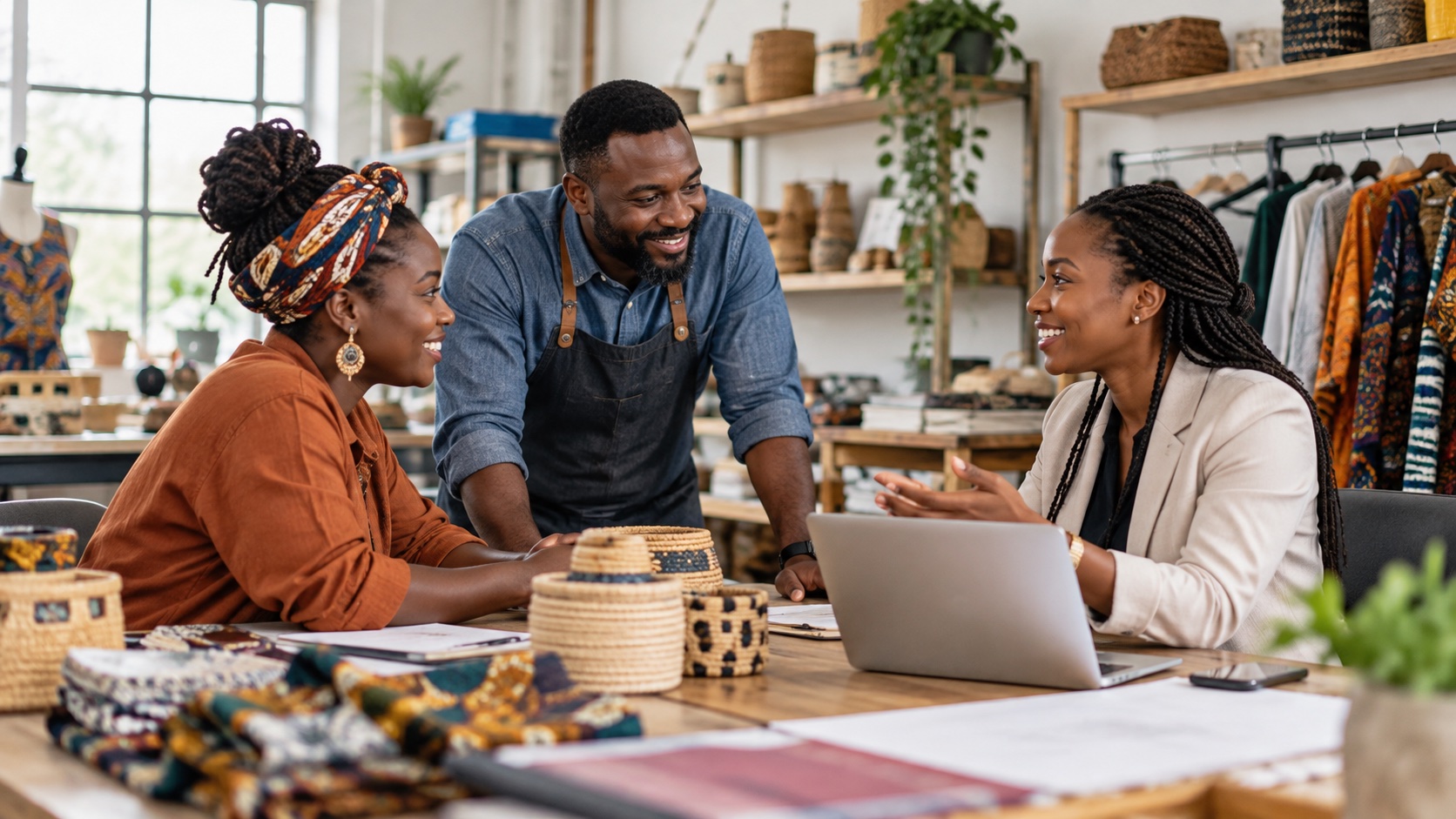 Illustrative business owners discussing a partnership in a small enterprise.