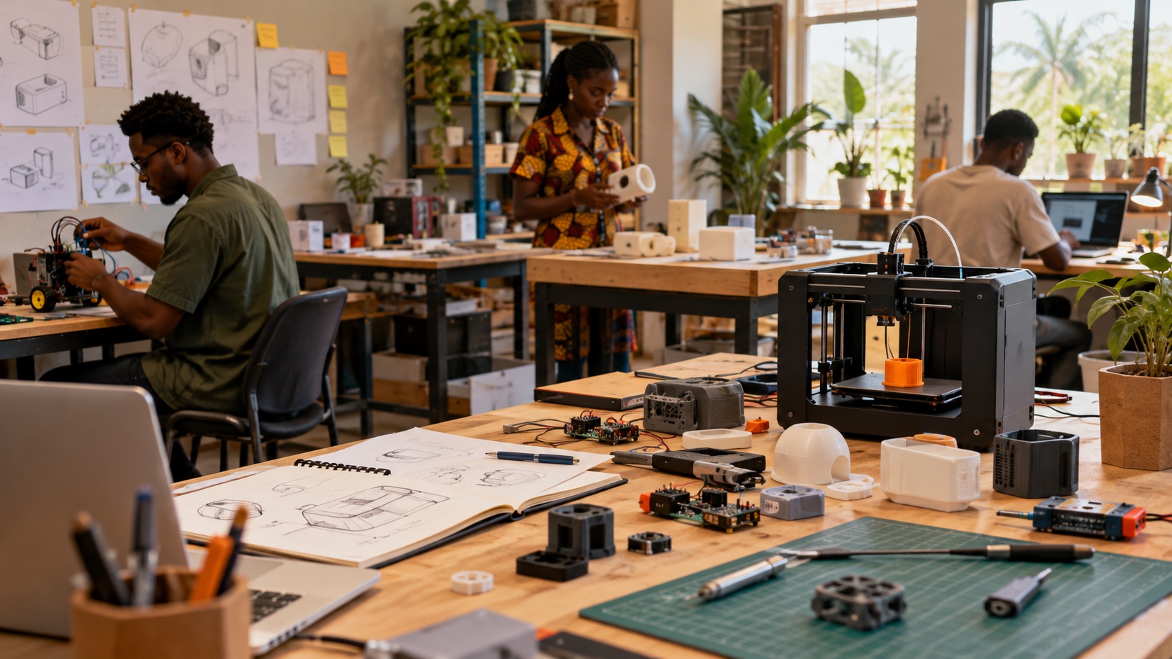 Illustrative prototyping studio with 3D printers, tools and workstations.
