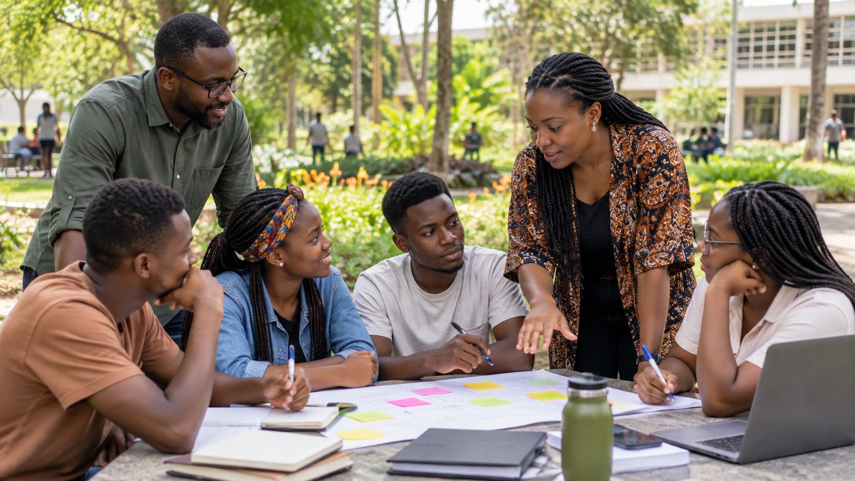 Illustrative learning exercise with teachers and young adults in a campus garden.