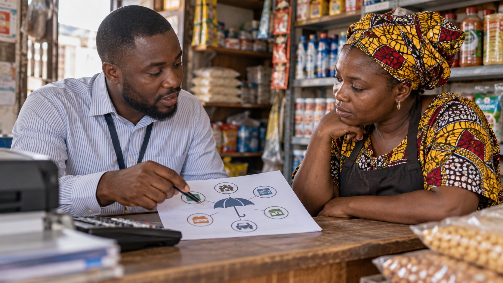 Illustrative insurance advice for a shop owner at a business counter.