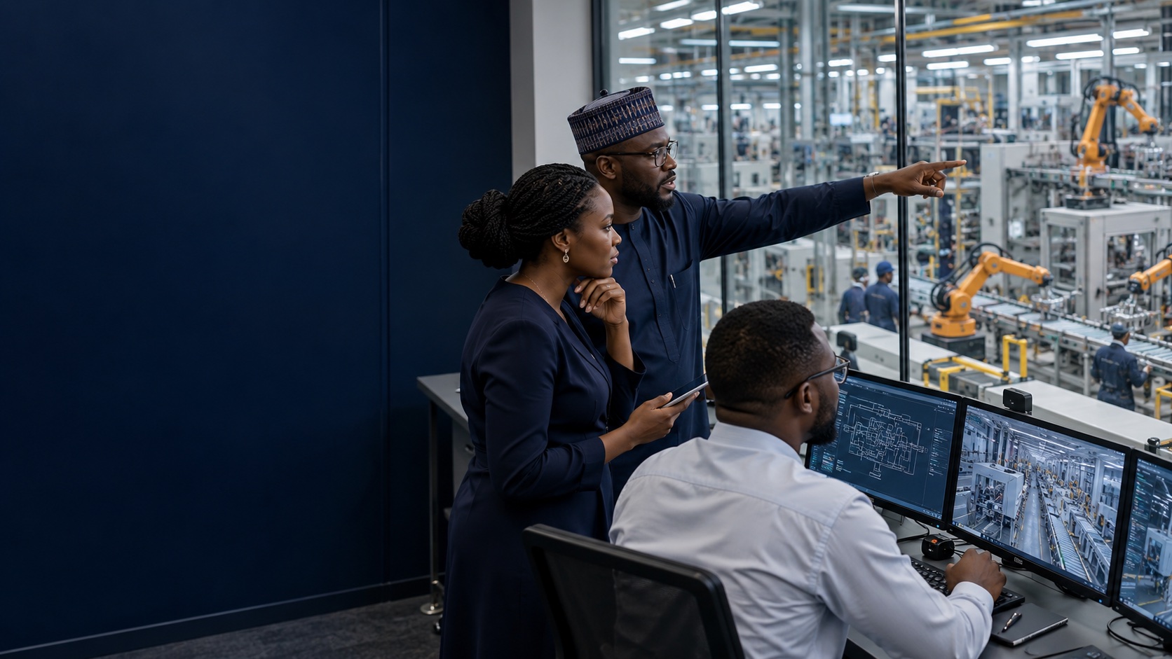 Process engineers reviewing an automated manufacturing operation.