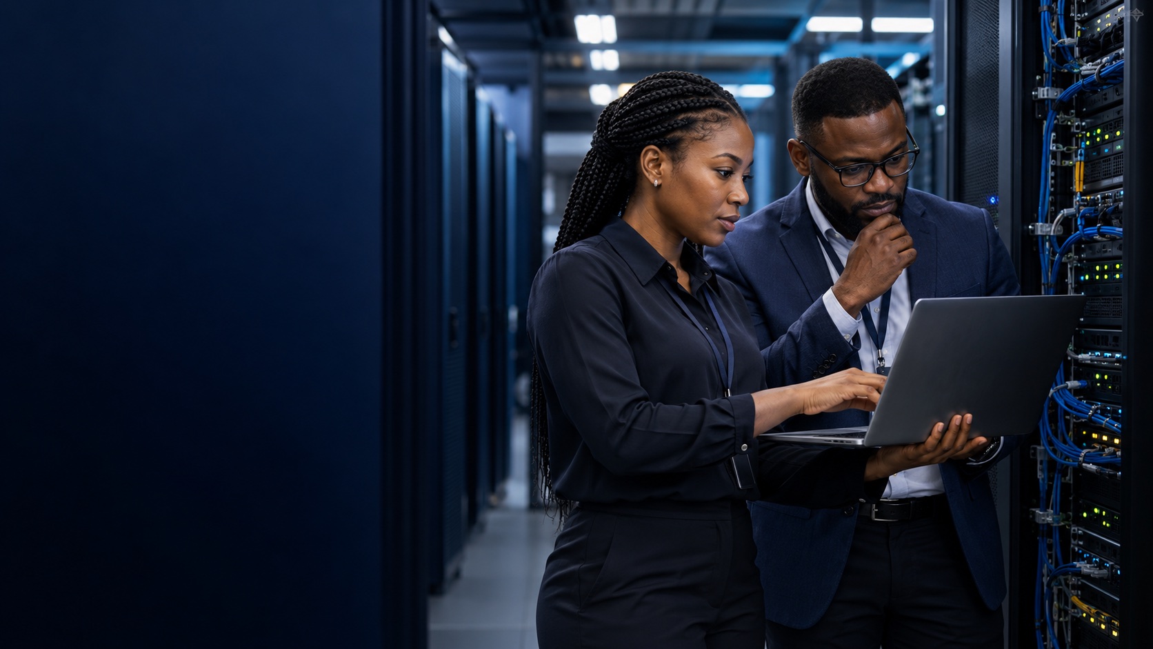 Cybersecurity and risk specialists reviewing network infrastructure.