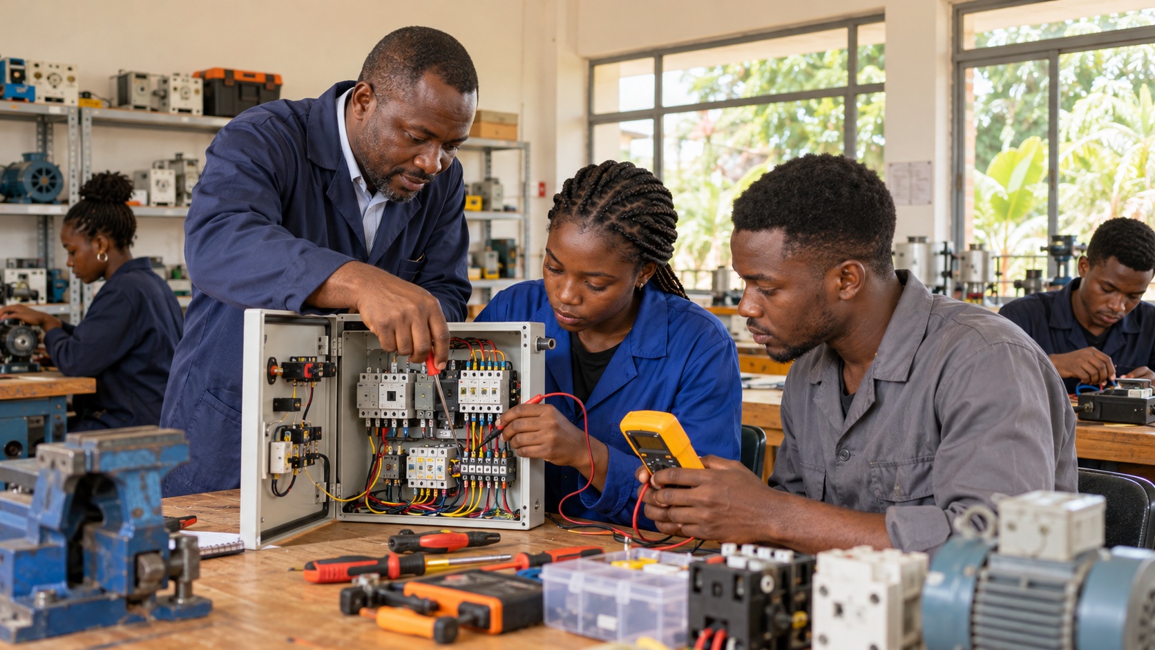 An instructor and young professionals working in a technical skills laboratory.