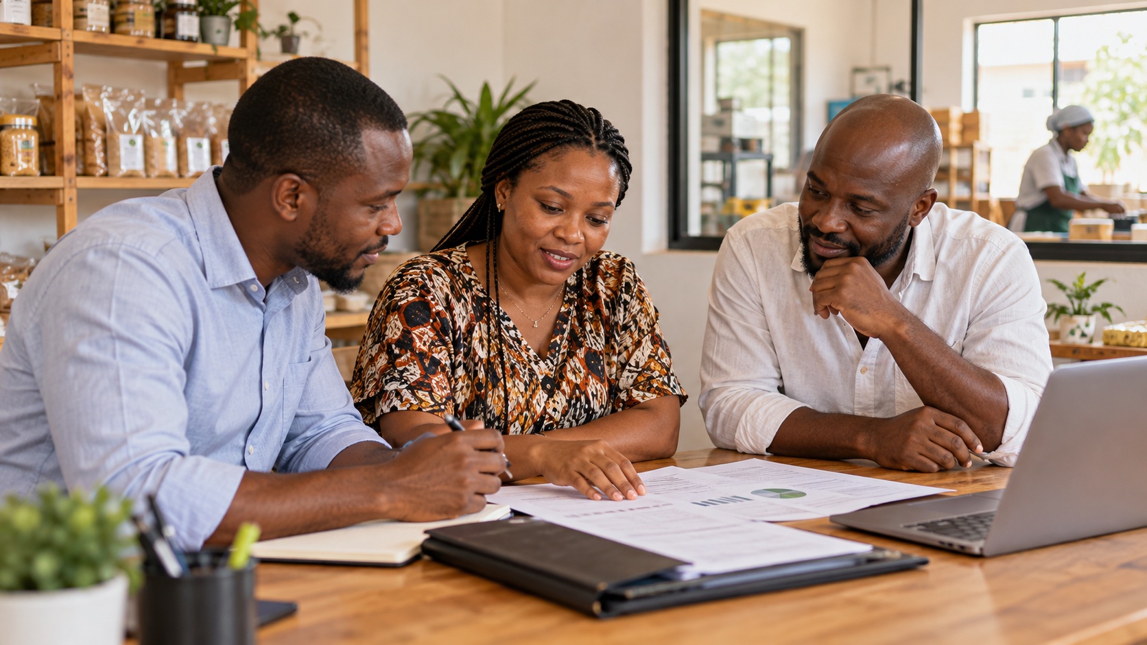 Financial advisers and an entrepreneur reviewing an investment plan.