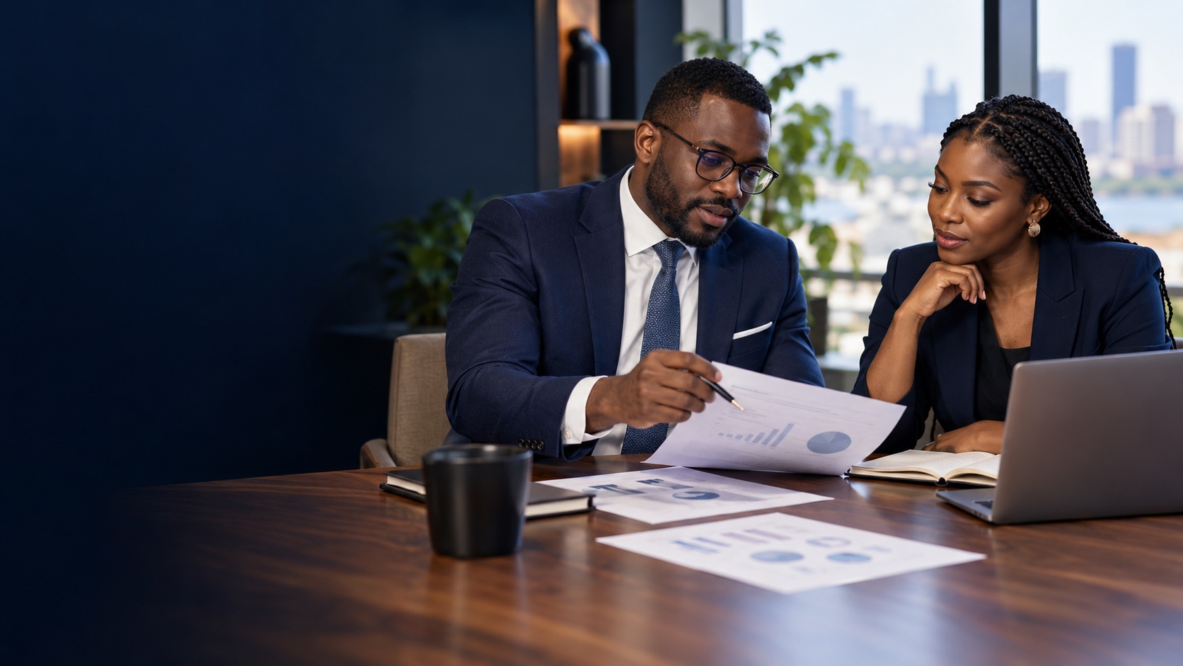 Business researchers discussing a whitepaper and supporting evidence.