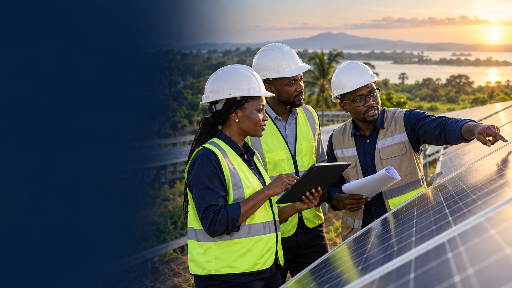 Sustainability professionals inspecting a solar energy installation.