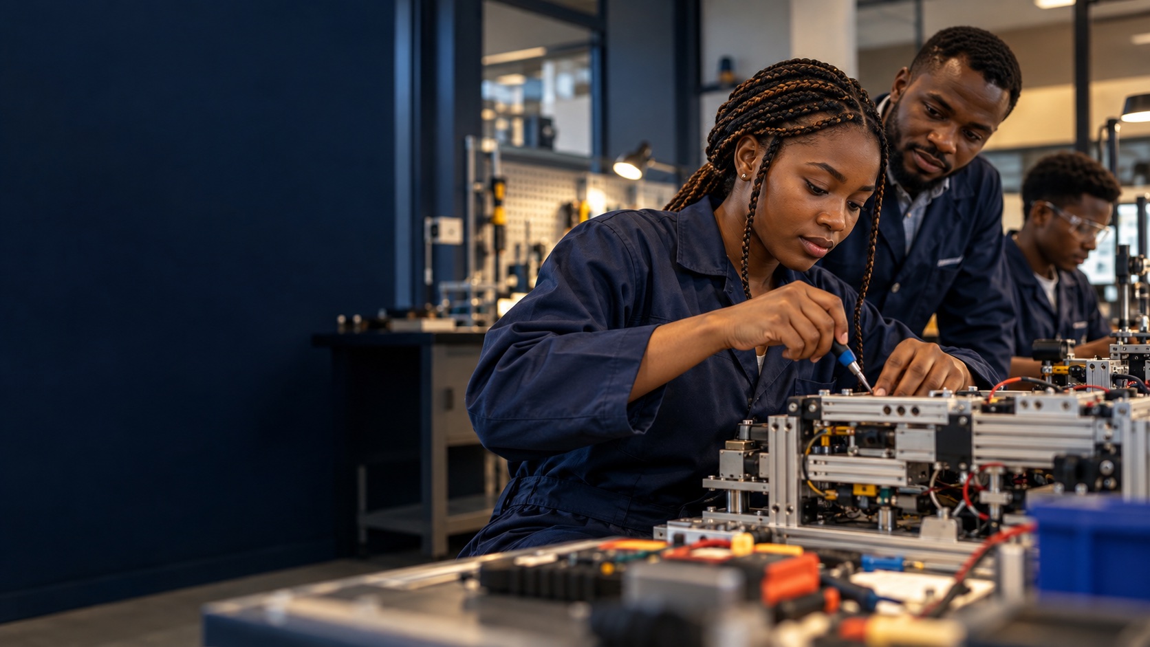 Technical trainees and a mentor working with engineering equipment.