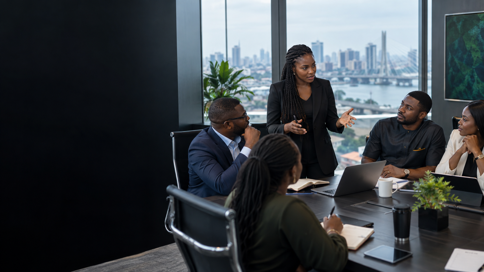 Nigerian middle managers collaborating in a strategy session.