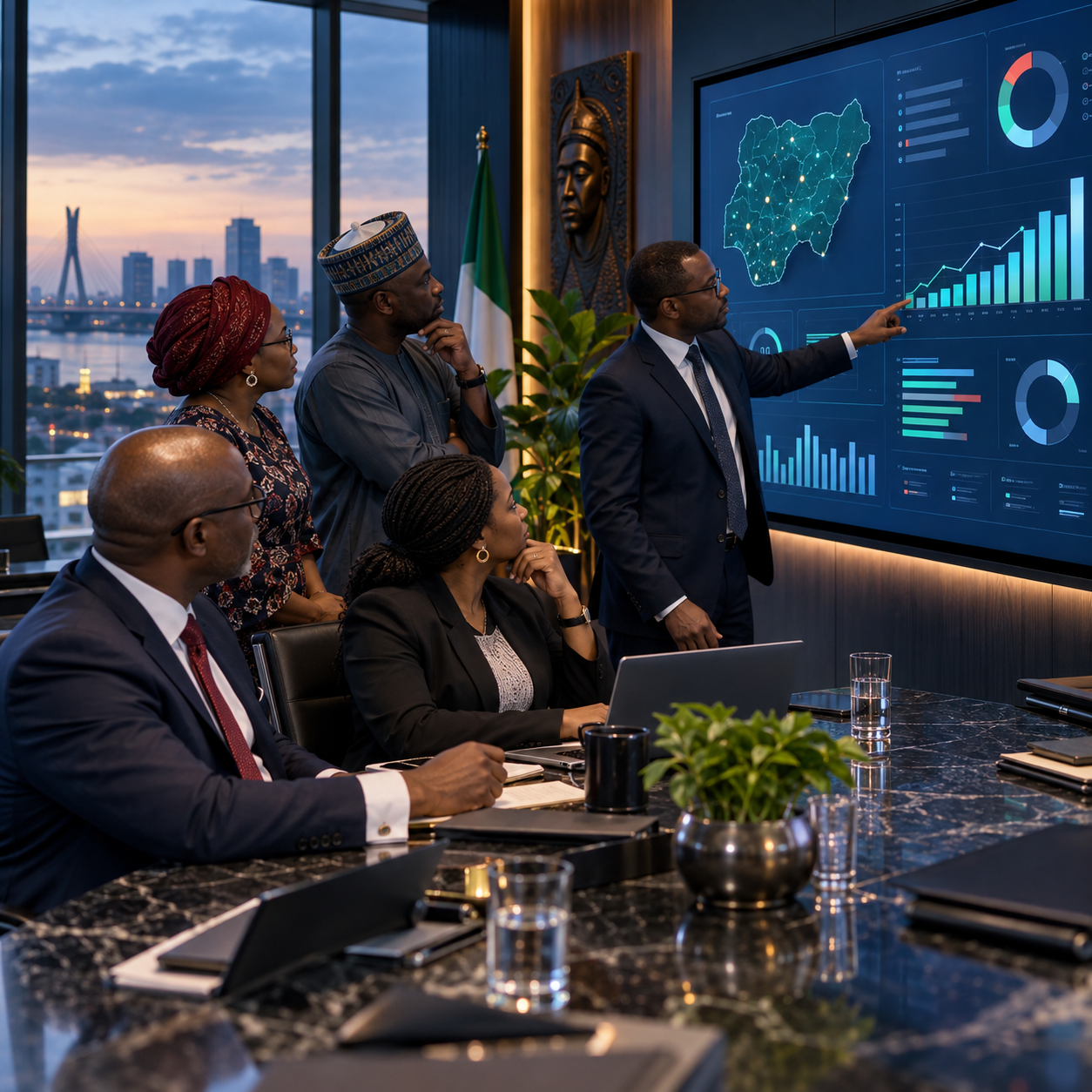 Nigerian public-sector leaders reviewing organisational performance data.